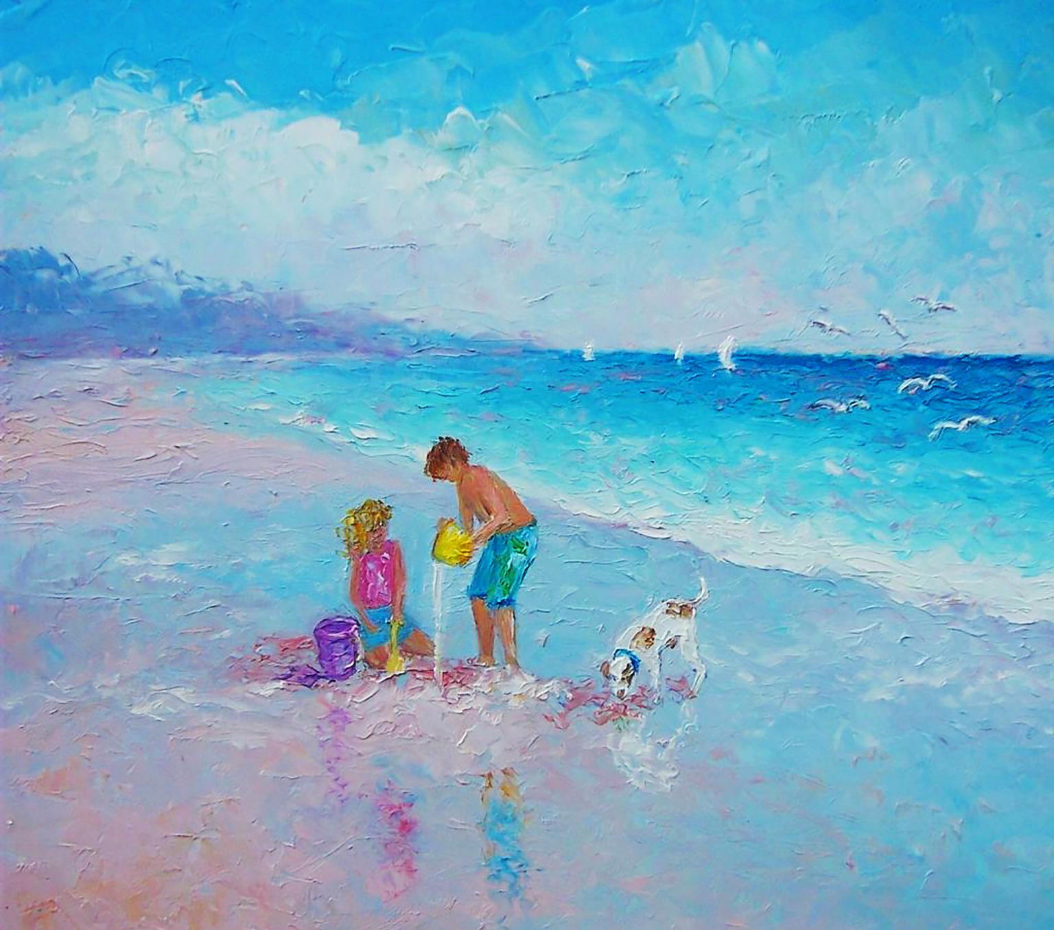 Jungen und Mädchen mit Hund am Strand Ölgemälde